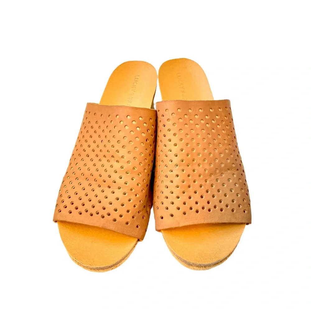 Lucky Brand Brown Leather Slide Sandals 9.5 Perforated Espadrille Wedge Mule
